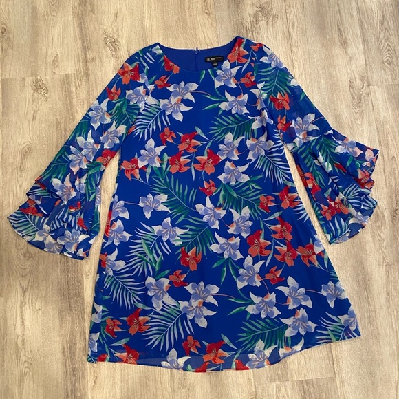 INC floral bell sleeve blue dress/size 8 - Picture 1 of 6